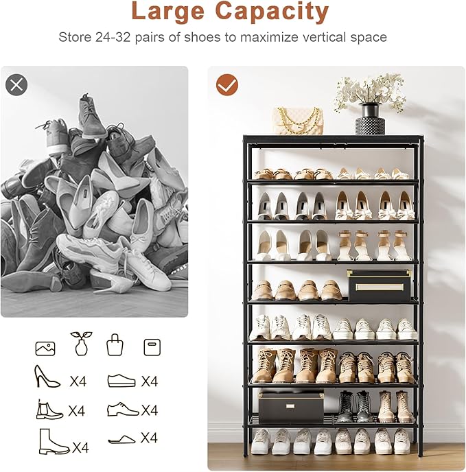 8-Tier Tall Shoe Rack Organizer Shoe Storage for Entryway 24-32 Pairs Metal Shoe Rack for Closet Heavy-Duty Shoe Rack with Wooden Top Shelf for Garage Black