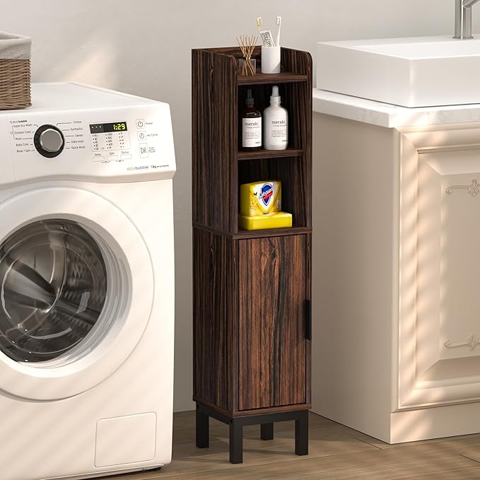 FerniTry Small Bathroom Storage Cabinet, Corner Floor Cabinet with Door and Shelves, Narrow Toilet Paper Cabinet, Bathroom Organizer with Adjustable Shelf, for Small Spaces (Walnut)
