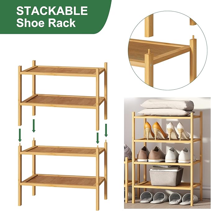kiplant Small Shoe Rack, 2-Tier Bamboo Wood Shoe Rack for Entryway, Stackable Shoe Organizer for Hallway Closet, Free Standing Shoe Racks for Indoor & Outdoor