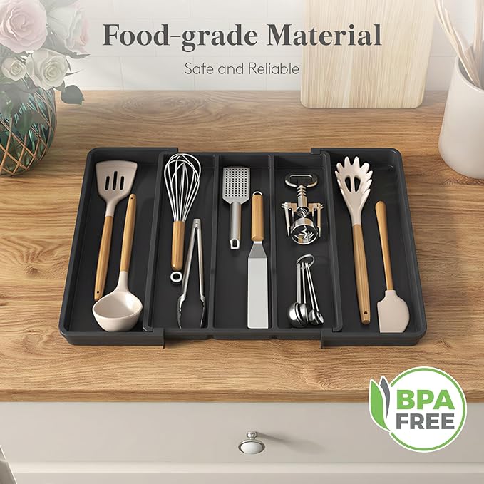 Lifewit Utensil Organizer, Expandable Kitchen Drawer Tray, Adjustable Cutlery and Cooking Utensil Holder, Black