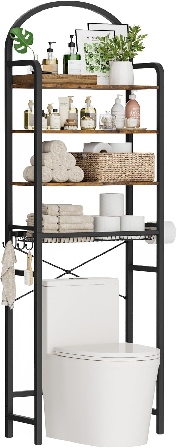 76" H Over the Toilet Storage Rack, 4-Tier Bathroom Organizer with Toilet Paper Holder & Hooks, Metal Frame with Wooden Shelves, Space Saver for Small Bathroom, Rustic Brown and Black