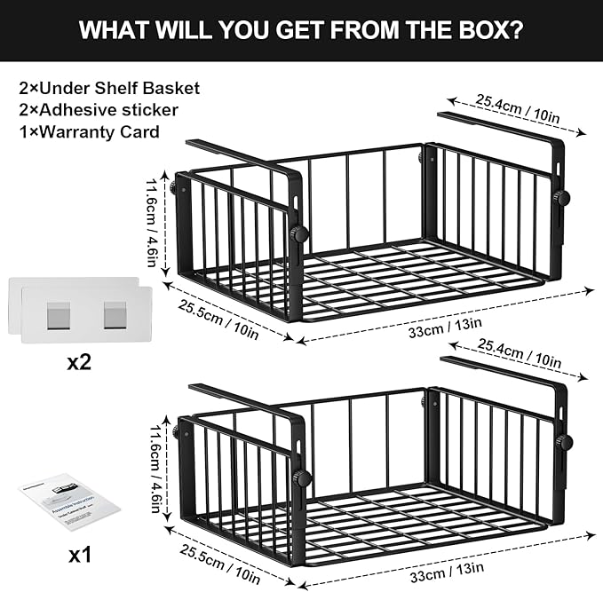 AmonHouseware 2 Pack Hanging Under Shelf Storage Basket,Adjustable Under Cabinet Add-on Storage Racks Slide-in Baskets Organizer for Laundry Room Kitchen Pantry Desk Bookshelf, Black
