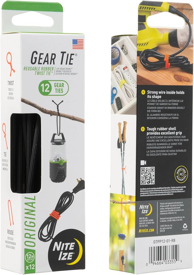 Nite Ize Gear Tie Original ProPacks - Reusable Rubber Twist Ties for Indoor & Outdoor Use - Bendable Wire Interior - Durable Rubber Exterior - Secure Grip - Black, 12" (12 Pack)