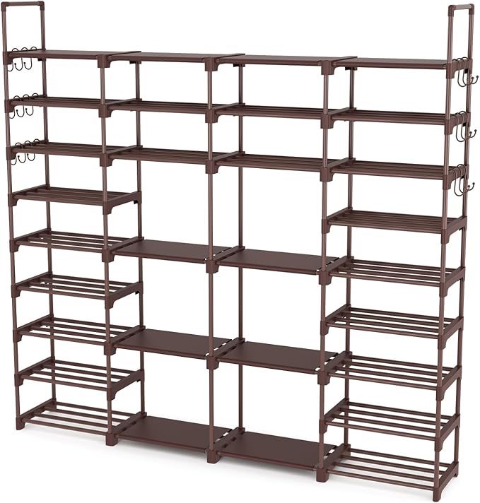 ROJASOP Large Shoe Rack Organizer for Entryway Closet 64-68 Pairs 9-Tier Heavy Duty Tall Garage Shoe Rack Shoe Shelf Shoes Storage with 18 Pcs Removable Side Hooks for Bedroom and Garage Brown