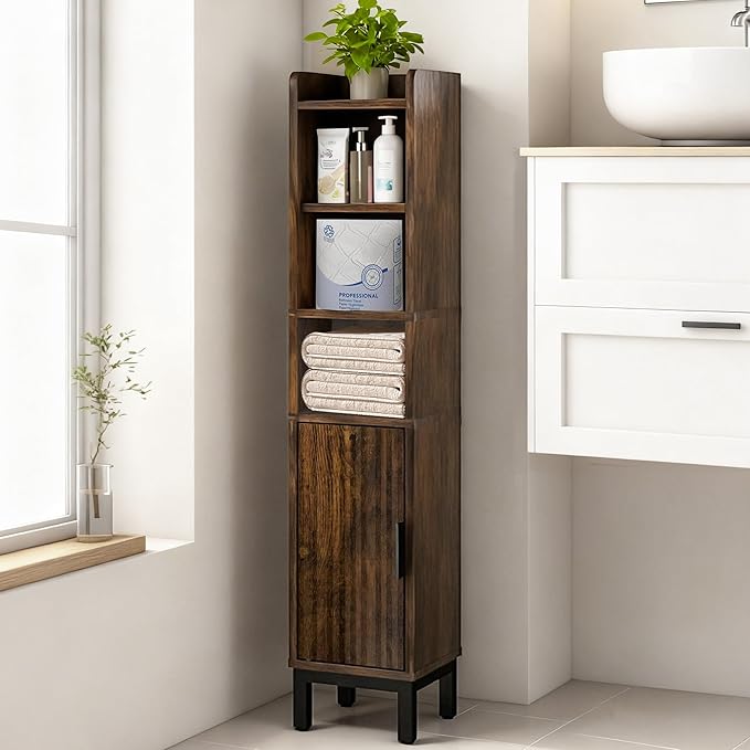 FerniTry Narrow Bathroom Storage Cabinet, Corner Toilet Paper Floor Cabinet 5 Tiers with Door and Shelves,Bathroom Organizer with Adjustable Shelf, for Small Spaces(Rustic Brown)