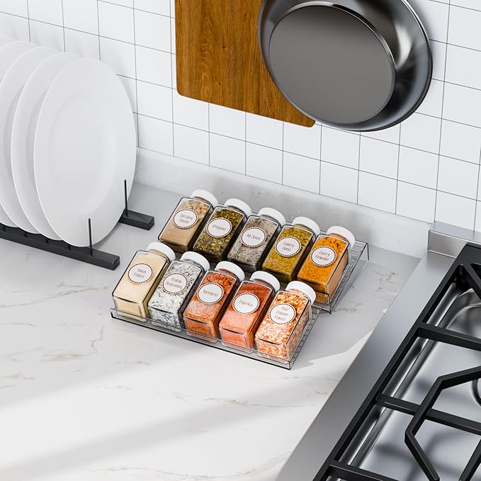 Yieach 8 Pack Adjustable Narrow Spice Rack for Drawer - Expandable From 9" to 17.7" - Acrylic Drawer Seasoning Organizer,Tiered Clear Spice Tray for Spices,Condiment,Nail Polish and Jar Organization