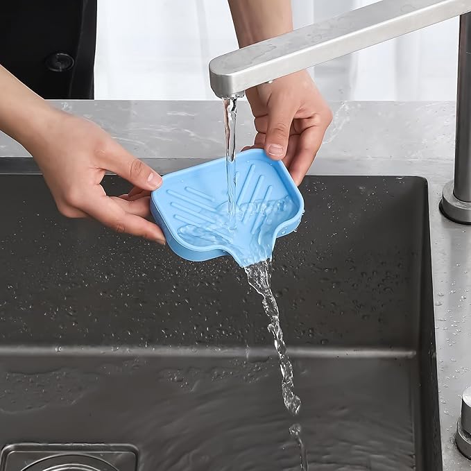 MicoYang Silicone Soap Dish with Drain Spout — Self-Draining Sink Organizer Tray for Bathroom & Kitchen, Holds Bar Soap, Sponges & Dispensers, Non-Slip & Dishwasher Safe, Light Blue (Small, 4.9"×3.2")