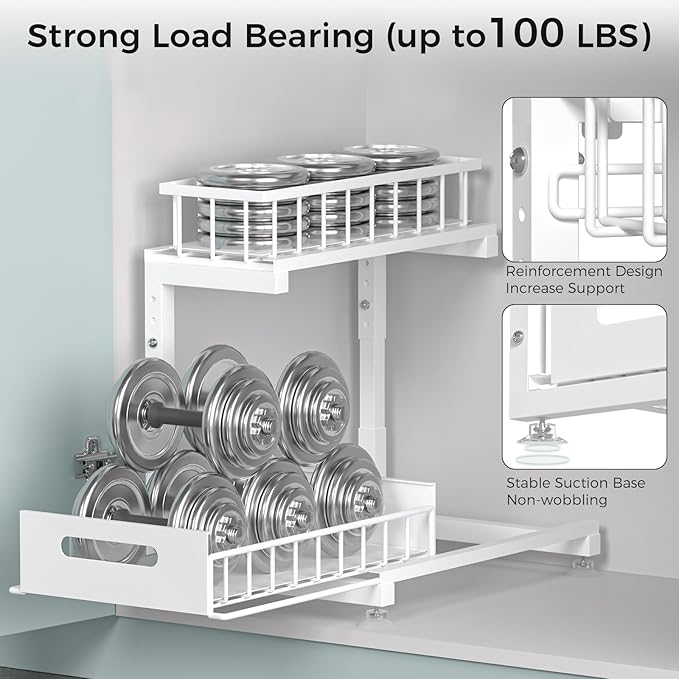 Saydear Under Sink Organizer, 2-Tier Premium Metal Pull-Out Racks with Adjustable Height, Heavy Duty Sliding Bin for Bathroom and Kitchen Cabinet Storage, Rust Resistant 2 Pack
