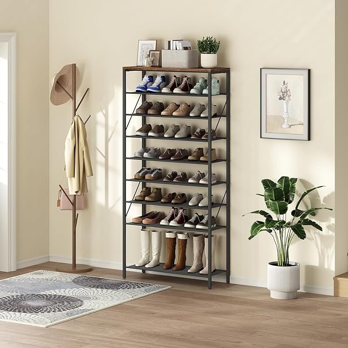 MAHANCRIS 10 Tier Shoe Rack Organizer for Closet, Holds 36-40 Pairs, Tall Metal Shoe Storage Shelf for Entryway Bedroom, Sturdy Freestanding Shoe Rack Space Saving, Large Capacity, Rustic Brown