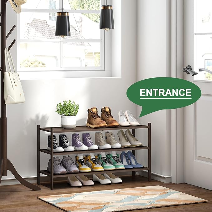kiplant 3-Tier Long Shoe Rack, Bamboo Wood Shoe Rack for Entryway, Stackable | Foldable | Natural, Shoe Organizer for Hallway Closet, Free Standing Shoe Racks for Indoor Outdoor