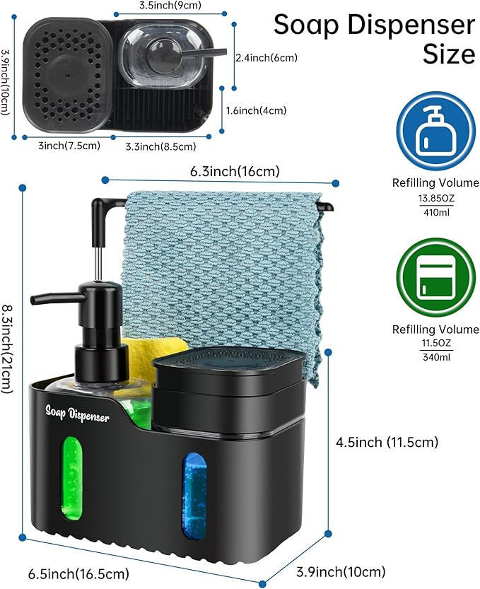Hand Soap and Dish Soap Dispenser Set for Kitchen, Dual Soap Dispenser with Sponge Holder and Dishcloth Holder 4-in-1 Organizer for Kitchen Sink Countertop, Useful Kitchen Gadgets (Black)