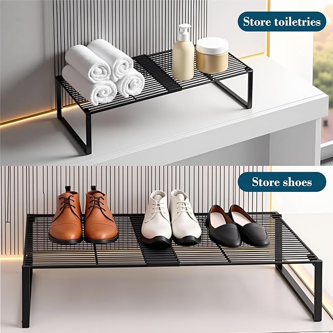 Extendable Metal Wire Shelf Organizer - Adjustable 15-24.4in Length, Stackable Storage Rack for Kitchen/Pantry/Bathroom/Shoe Cabinet/Tool Closet (4,Black)