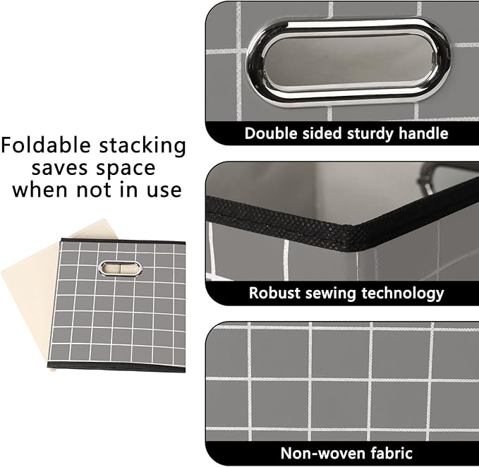 Yunkeeeper storage bins Cubes, Fabric Cube Organizer with Handle, Foldable Cube Bins for Cloth or Accessary Storage, 11x11x11, Set of 6, (Grey grid)