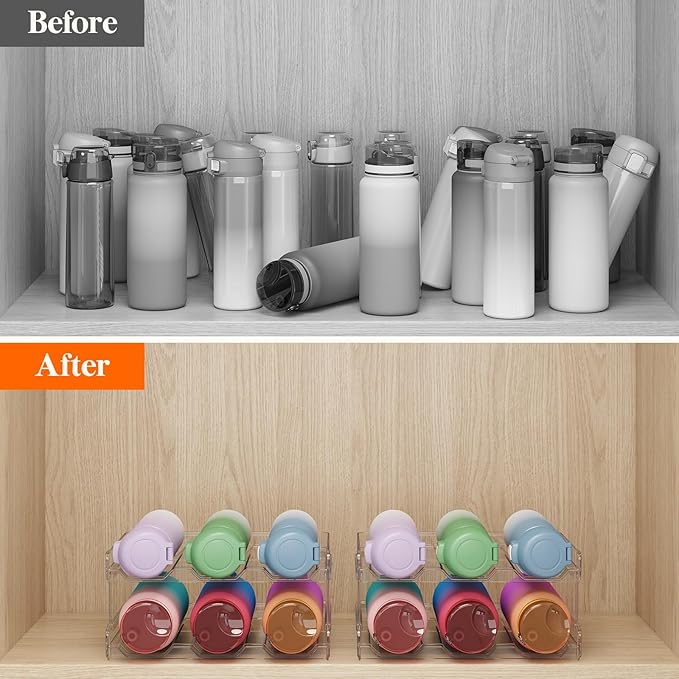 Lifewit 2 Tier Stackable Water Bottle Organizer for Cabinet, 2 Pack Plastic Bottle Holder Fits 6 Bottles/Tumblers up to 3.8" Diameter for Pantry/Countertop/Cupboard, 28 x 19 x 15 cm/11 x 7.5 x 5.7"