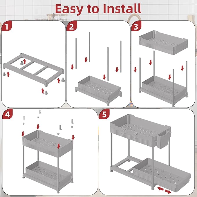 Sevenblue Under Sink Organizer, Bathroom Organizers and Storage, 2 Tier Multi-Use Pull Out Cabinet Organizer with Hang Hooks and Cups (Gray, 4 Pack)