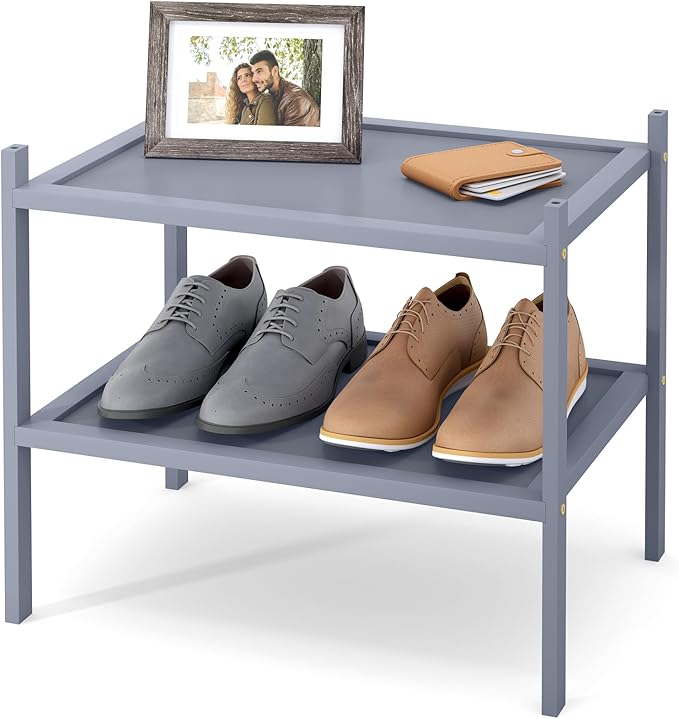 Smiry Bamboo Small Shoe Rack, 2 Tier Shoe Organizer for Entryway & Closet, Stackable Free Standing Storage Shelf for Shoes, Bags & Plants, Grey