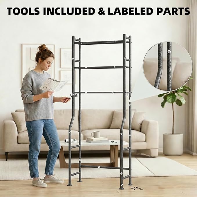 GloTika 3-Tier Over Toilet Storage with Anti-Tilt Safety System - 150lb Total Capacity Metal Bathroom Shelves Including Paper Holder & 4 Hooks, Space Saving Above Commode Organizer (64" H, Snow Black)