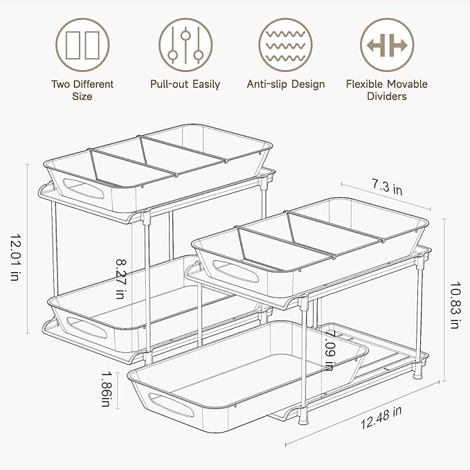 Sevenblue Under Sink Organizer, Bathroom Organizers and Storage, 2 Tier Multi-Use Pull Out Cabinet Organizer with Hang Hooks and Cups (transparent, 2 Pack)