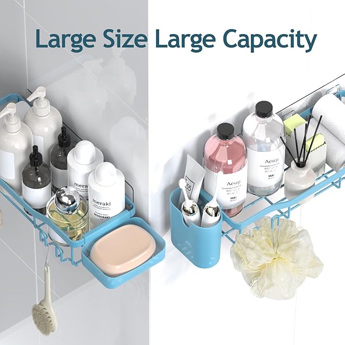 NESOMI Shower Caddy Adhesive Shower Organizer 7-Pack, Rustproof Stainless Steel Bathroom Shelves, Large Capacity No-Drill Rack Storage Accessories with Soap Dish Toothbrush Holder Hooks