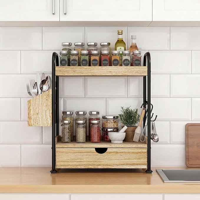 Kottwca 2-Tier Bathroom Counter Organizer with Drawer, Wooden Vanity Skincare Storage Shelf with Thickened Metal Frame, Countertop Shelf with Basket & Hooks for Makeup Organization,Light Brown