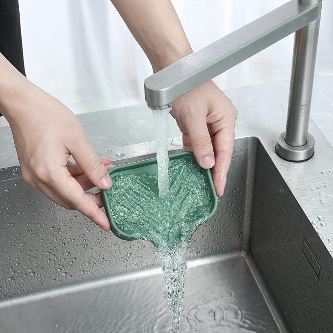 MicoYang Silicone Soap Dish with Drain Spout — Self-Draining Sink Organizer Tray for Bathroom & Kitchen, Holds Bar Soap, Sponges & Dispensers, Non-Slip & Dishwasher Safe, Green (Small, 4.9"×3.2")