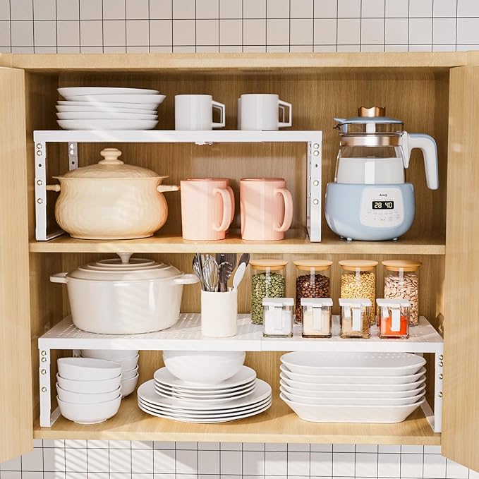 Expandable Adjustable Stackable Kitchen Organizer, 2Packs/White,Medium