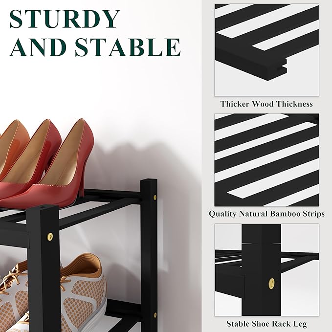 Smiry Bamboo Shoe Rack for Closet, 5 Tier Small Wooden Shoe Organizer, Stackable Wood Shoe Storage Shelf for Entryway, 14 Vertical Slats, 2+3 Stack Heavy-Duty Legs, 17.32"x11.02"x31.3", Black