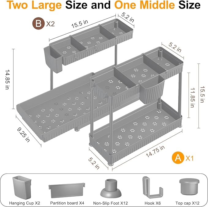 Sevenblue 3 Pack Multi-Purpose Pull-Out Storage Organizers, 2-Tier L-Shaped Under Sink/Cabinet Organizers and Storage for Bathroom & Kitchen,Grey,14.85 Inch
