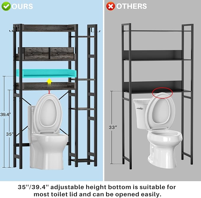 Besiost Over The Toilet Storage with 2 Drawers - 7 Tier Bathroom Organizer with Adjustable Shelf, Freestanding Space Saver Storage Rack Above Toilet Stand with 4 Hooks for Restroom, Laundry, Grey Oak