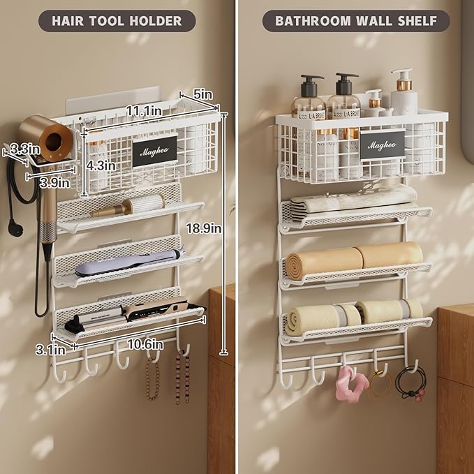 Magheo Hair Dryer Holder Wall Mounted, Adheisve Hair Styling Tool Organizer for hair Brush/Appliance Wall Mount with 5 Tier Shelf Basket Hooks Blow Dryer and Straightener Holder for Bathroom(White)