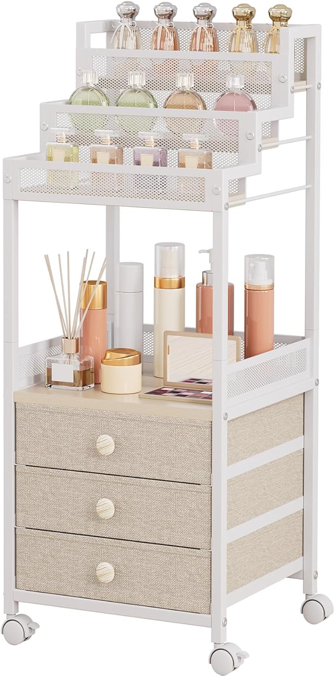 Bathroom Stand, Makeup Organizer Storage with Drawers, 13 Inch Large Floor Rolling Skincare Organizer Cart, 3-Tier Vanity Tray Stand for Cosmetics, Nail Polish, Perfume Display Cases Holder