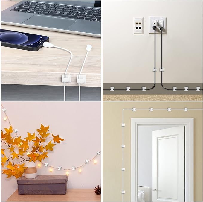 100 PCS Cable Clips White, Upgraded Adhesive Cord Clips for Wires on Wall, Strong Wire Clips Holders for Cord Cable Management, Ethernet Cable, TV Coax, Extension Cord, Power Cable, Large