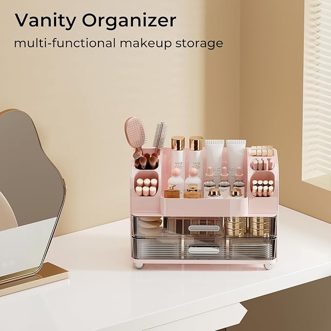 UFORU Makeup Organizer for Vanity with 2 Large Drawers, Cosmetic Display Case with Brush Holders, Easy to Storage for Bathroom Countertop Skincare, Perfume, Pink