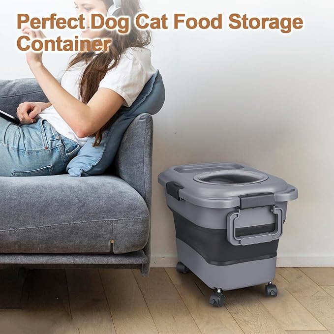 Dog Food Storage Container,10-25 lbs Airtight Collapsible Cat Food Storage Container with Attachable Wheels, Portable Handle, Dog Food Scoop for Dog Cat Bird Pet Dry Food Storage Bin Dark Grey