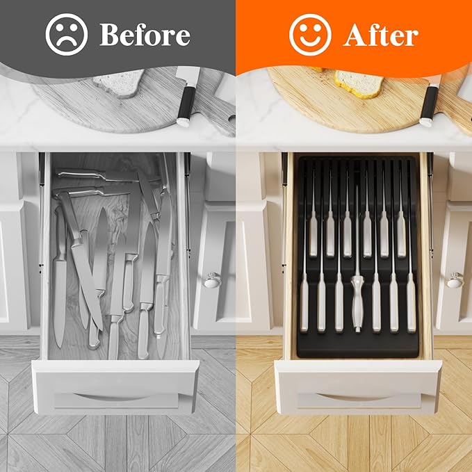 Lifewit Magnetic Drawer Knife Organizers Insert, Kitchen Plastic In Drawer Knife Block Slots, Steak Chefs Knives Holder Storage Sets for 12 Knives and 1 Sharpening Steel, Large, Black