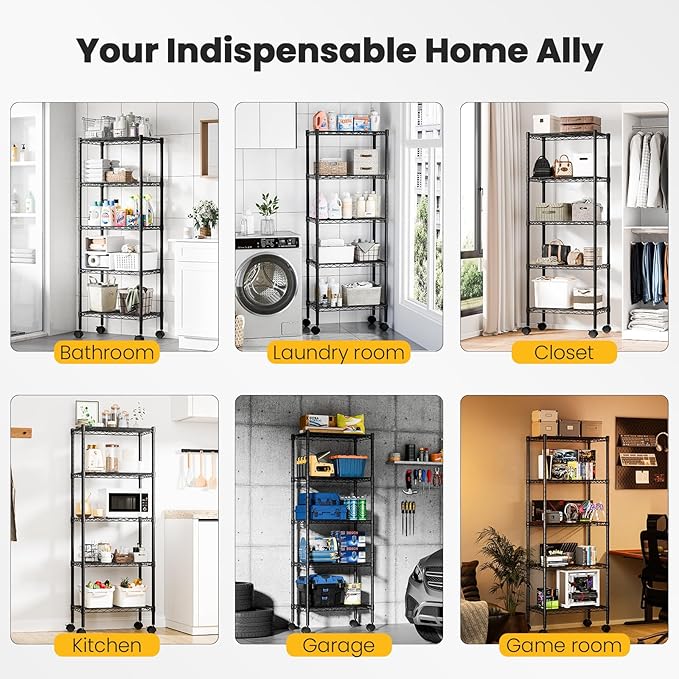 DUMOS 5-Tier Metal Wire Storage Shelves, Adjustable Standing Storage Rack Shelf with Wheels, Heavy Duty Steel Shelving Unit Organizers for Kitchen Bathroom Pantry Garage, 23.2"W×13.4"D×59.1"H, Black