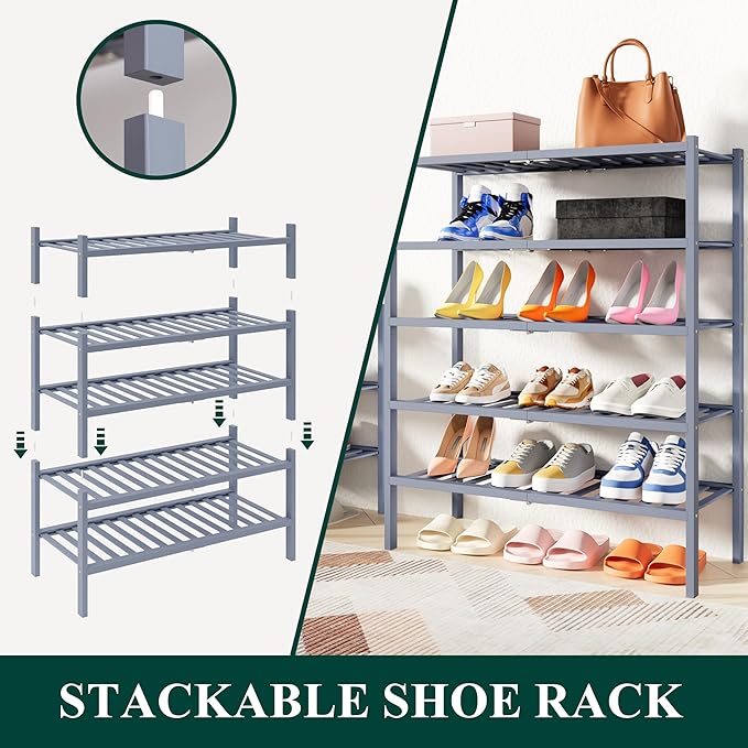 Smiry Small Bamboo Shoe Rack, 2 Tier Free Standing Wooden Shoe Organizer, Stackable Wood Shoe Storage Shelf for Closet, Entryway, 14 Vertical Slats, One-piece Heavy-Duty Legs, 17.3"x11"x13", Grey