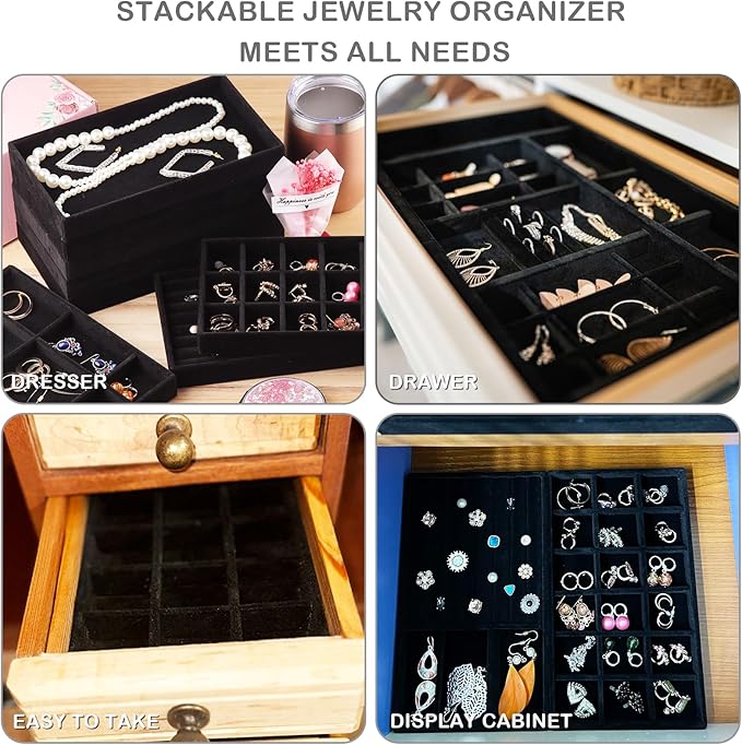 Set of 8 Velvet Jewelry Drawer Organizer Inserts, Stackable Trays with Removable Dividers, Earring and Ring Holder Display for Dresser, Storage Case for Necklace Bracelet Watch - Black