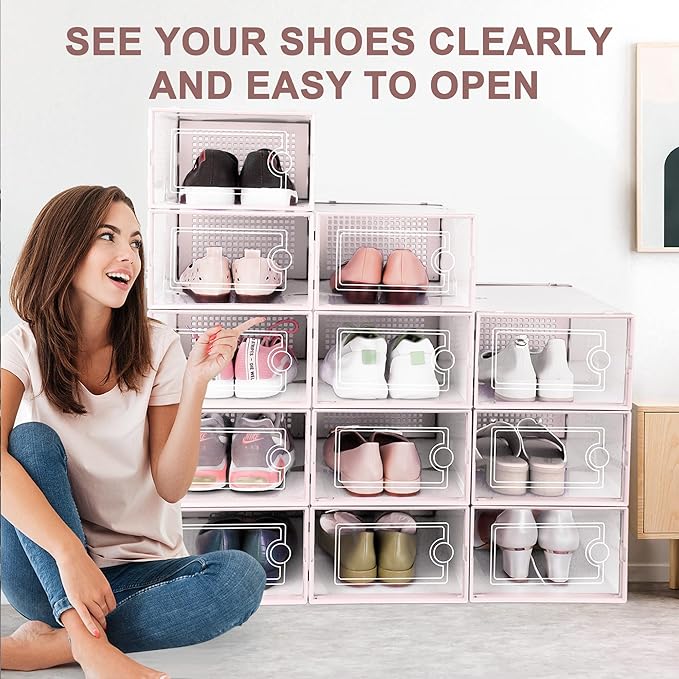 Shoe Organizers Storage Boxes for Closet, Pink