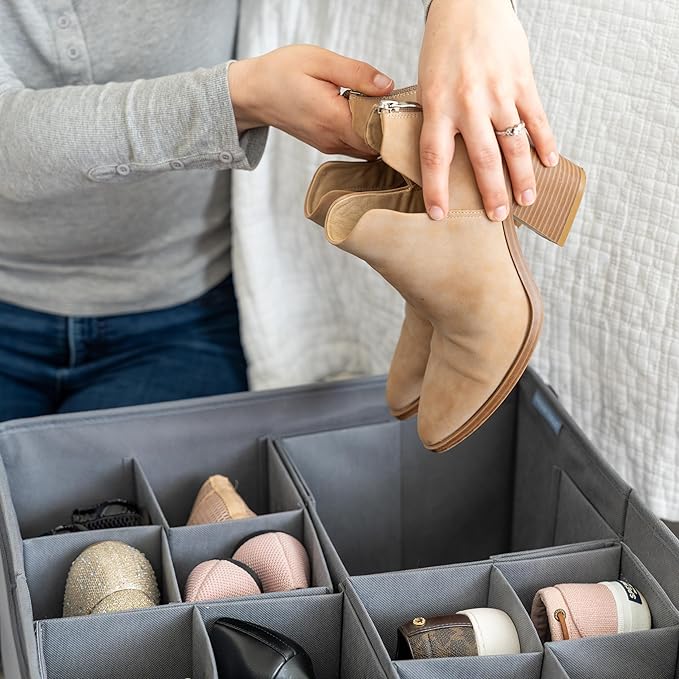 Large Shoe Storage Bin for Closet, Shoe Organizer Box Fits up to 16 Pairs, Grey