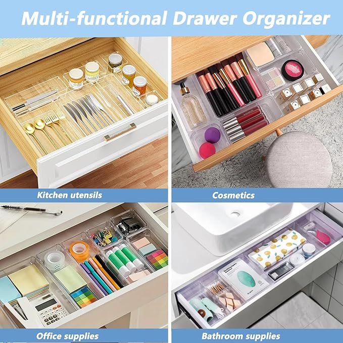 27 PCS Clear Drawer Organizer Set, 4 Sizes Desk Drawer Storage Bins, Divider Trays for Makeup, Vanity, Bathroom, Kitchen, Office