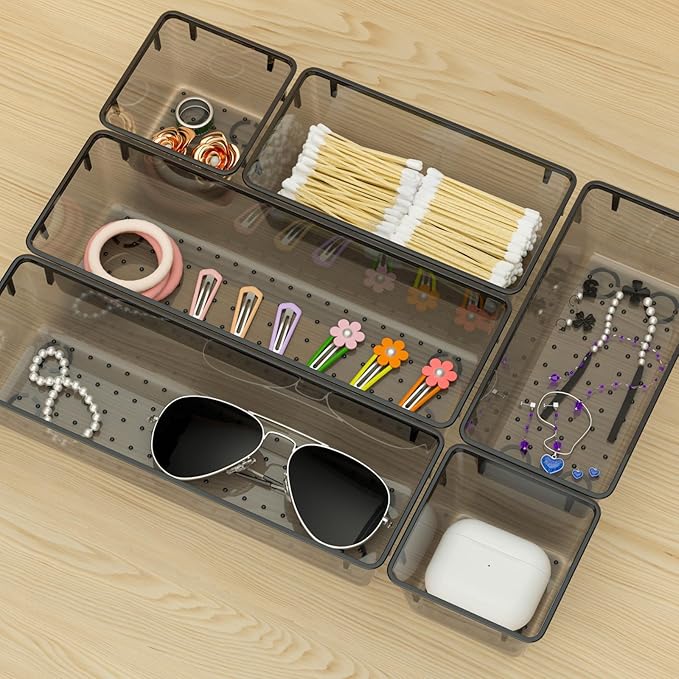 6 Pack Clear Drawer Organizer Set, Acrylic Drawer Storage Trays, Black