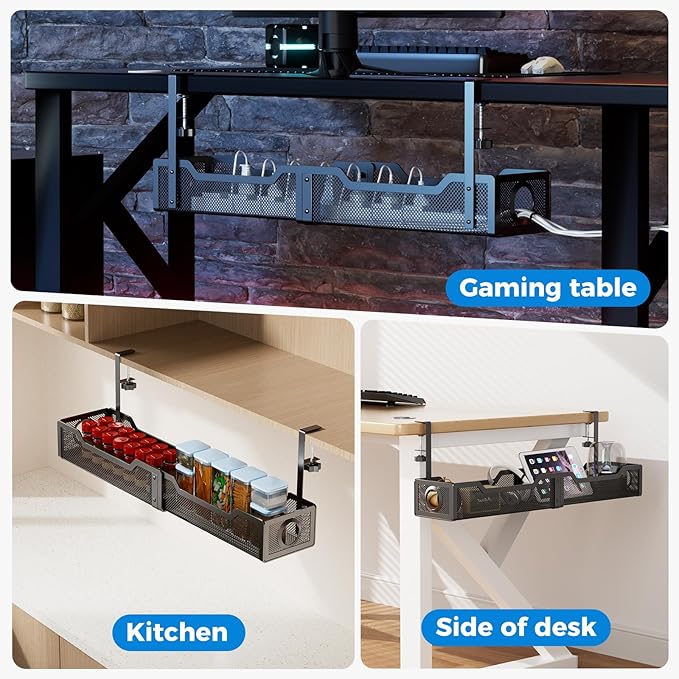 25-in Under Desk Cable Management Tray, No Drill – Black
