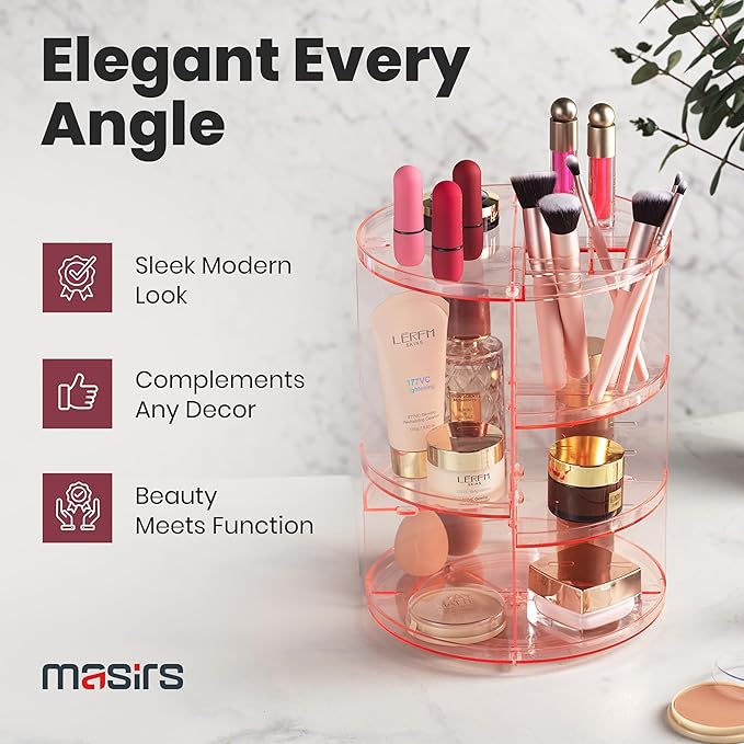 Masirs Rotating Makeup Organizer for Vanity, Large 360° Spinning Cosmetic & Skincare Organizer, Adjustable Shelf Height, Perfume Stand, Countertop Storage for Bathroom or Bedroom, Pink