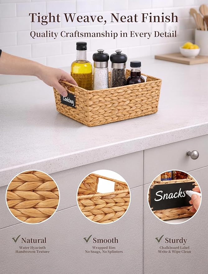 Pantry Organizers and Storage, Water Hyacinth Storage Baskets for Shelves, Natural Baskets for Organizing, Pantry Baskets with Chalkboard Labels and Marker