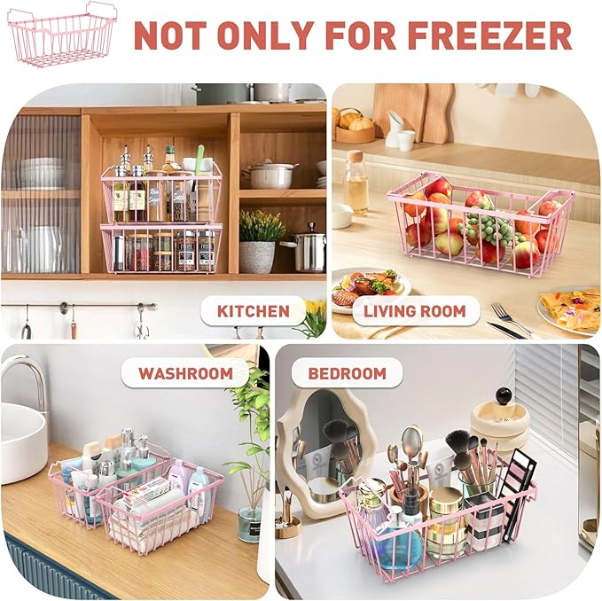 Goovilla Freezer Organizer Bins with Foldable Handle, 4 Pack Stackable Freezer Baskets for 3.5-7 Cu.FT Deep Chest Freezer Organization, Pink Metal Freezer Storage Bins with Better Space Utilization