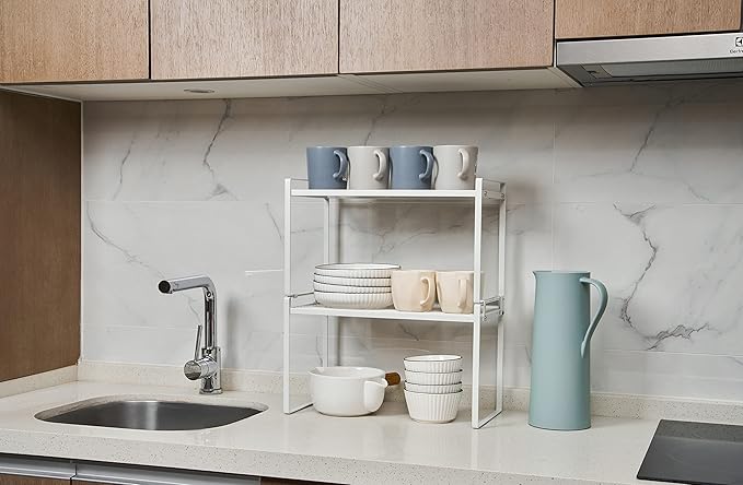 Shantton 2Pack Cabinet Shelf Organizer Storage Rack Space Saving for Kitchen Counter Pantry Bathroom Cupboard Under Sink Office Table Steel Stackable Rust Resistant Heavy Duty Nonslip 16” White - Tall