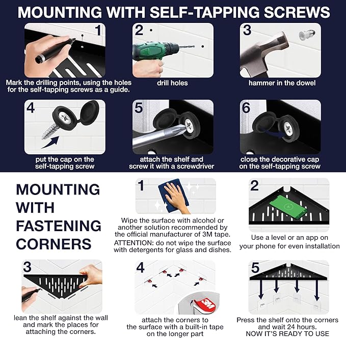 Corner Caddy Bathroom Shower Shelf - Adhesive / Drill / No Drill Shelves - 14" Strong Corner Black Floating Shower Shelves - Triangle Shelf Bathroom Shower for Inside Shower, Tiled Wall, Caddies