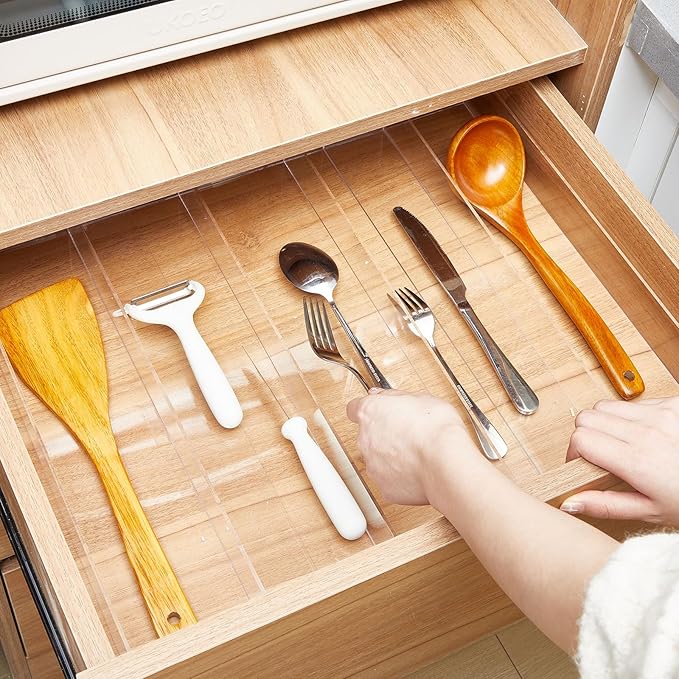 Teenyyou 1 Pack Expandable Kitchen Drawer Organizer Clear Acrylic Utensil Organizer Adjustable Acrylic Silverware Storage for Drawers Silverware Flatware Knives (12 x 16 Inches,3-5 Compartments)