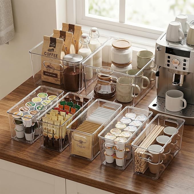 MOONEDGE 10 Pack Clear Plastic Storage Organizer Bins ā 4 Large & 6 Deep Narrow, Nestable Space-Saving Storage Containers for Under Sink, Bathroom, Kitchen, Pantry & Cabinet Organization